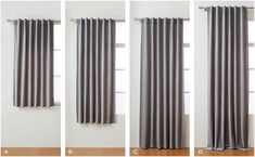 four different views of curtains with the same color and length as shown in this image