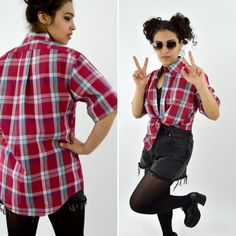 "Just your average summer plaid in vibrant red and a blue green complimenting color. Perfectly Unisex, this shirt features a loose square cut, button up front, with button down collar points, and one chest pocket. The fabric is a lightweight weave with a slightly crisp cotton texture. GARMENT MEASUREMENTS (in Inches) Bust:44\" Shoulder: 17\" Hemline:44\" Length:29\" Estimated Best Fit : Size Men's Medium, Misses Size Large **all Measurements are taken with the garment lying flat, then doubled. Be sure to leave room for movement and comfort** CONDITION: VINTAGE GOOD: Good condition, some visible wear but no serious flaws to make note of. LABEL: The Fox Collection MATERIALS: 55% cotton,  45% polyester SIZE LABEL: men's size medium *please note that vintage size labels vary wildly and refer t Plaid Short Sleeve Top For Summer, Short Sleeve Plaid Flannel Shirt For Spring, Plaid Short Sleeve Summer Shirt, Summer Collared Plaid Flannel Shirt, Summer Plaid Collared Flannel Shirt, Plaid Collared Top For Summer, Summer Plaid Collared Tops, Retro Short Sleeve Plaid Shirt, Retro Short Sleeve Plaid Tops