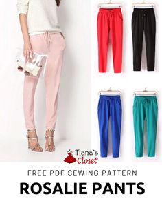 a woman in pink pants and white top with text that reads, free sewing pattern rosaie pants