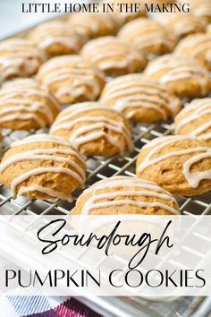 pumpkin cookies on a cooling rack with the words, sourdough pumpkin cookies