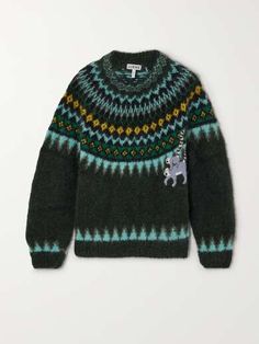 LOEWE + Suna Fujita Fair Isle embroidered mohair-blend sweater | NET-A-PORTER Fall Wardrobe Staples, Fall Maxi, Designer Knitwear, Sweater Trends, Fair Isle Knitting, Wool Turtleneck, The Fair, Fair Isle Sweater, Round Neck Sweaters