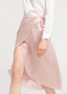 Elegant Pink Satin Bottoms, Feminine Formal Satin Skirt, Formal Feminine Satin Skirt, Feminine Satin Skirt For Formal Occasions, Formal Pink Satin Bottoms, Elegant Pink Silk Bottoms, Elegant Fitted Wrap Skirt, Elegant Pink Satin Skirt, Silk Long Wrap Skirt For Spring