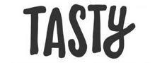 the words tasty written in black on a white background