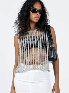 Show off your trendsetter style in this allery crochet knit sleeveless tank. Crafted from lightweight, airy fabric, this stylish tank is perfect for all your summer looks. It's the perfect companion for your shorts, jeans, and skirts! (And yeah, you look totally hot in it). Size Guide: Model is 5’5” tall, and has a 33.1” bust, 24.6”waist, & 37.2” hips. She is wearing a S / US 4 / AU 8. This tank is true to size. Material: 100% Acrylic. Key Features: Relaxed fit. Pull-on. Crochet Knit Fabrication Sheer Sweater, Festival Jacket, Sweater Vests, Sweater Vest Women, Strapless Tops, Shorts Jeans, Chunky Sweater, Online Tops, White Skirts