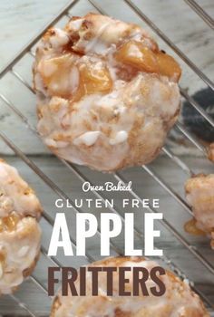 an image of apple fritters on a cooling rack with the words open baked gluten free