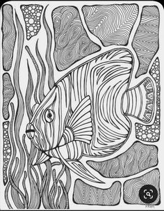 a black and white drawing of a fish in the ocean with corals on it