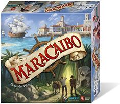 the board game maracabo is on display in front of an image of two men and