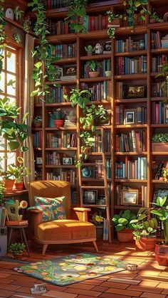 a room filled with lots of plants and bookshelves next to a window on top of a hard wood floor