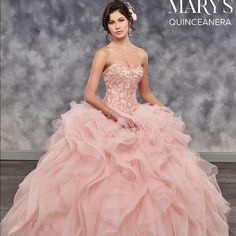 Strapless Tulle Quinceanera Ball Gown Features Sweetheart Bodice Embellished With Lace Applique, Ruffle Skirt With Sweep Train, Back Lace-Up Closure, And Matching Bolero. Will Only Make Deal Through Poshmark Quinceanera Pink Dresses, Baby Pink Quinceanera Dresses, Blush Pink Quinceanera Dresses, Pink Quinceanera Dresses, Pink Quinceanera, Isabela Madrigal, Quinceanera Pink, Mary's Bridal, Quinceanera Dresses Pink