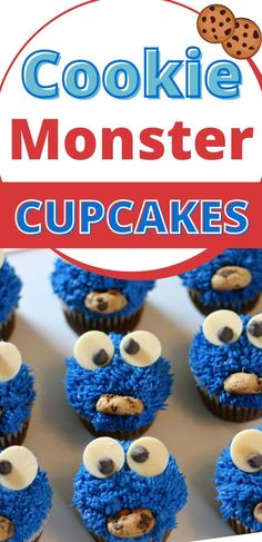 cookie monster cupcakes with blue frosting and googly eyes