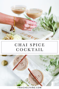 two glasses of chai spice cocktail on a tray with flowers and greenery in the background