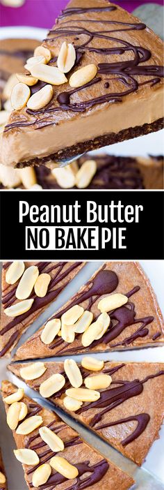 peanut butter no bake pie with chocolate and almonds on top