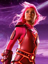 a woman with pink hair wearing a red and white costume in front of a purple sky