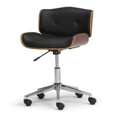 an office chair with wheels and black leather upholstered on the back, viewed from the front