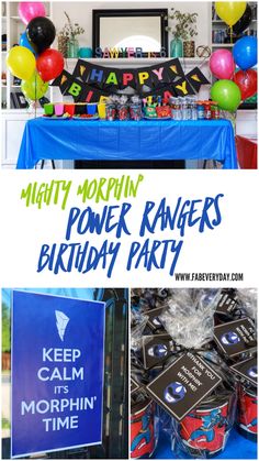 a birthday party with balloons and signs on the table, including a sign that says mighty morrin power rangers birthday party