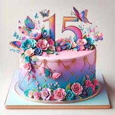 a birthday cake with flowers and butterflies on it's top is the number five