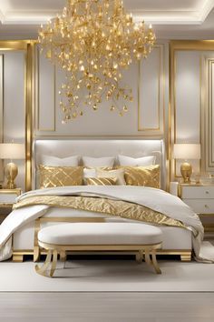 a large bed sitting under a chandelier in a bedroom