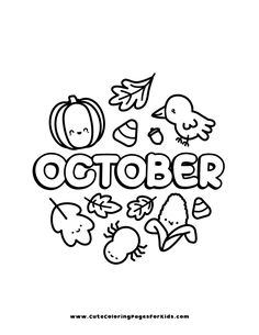 the words october are outlined in black and white