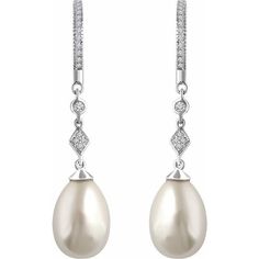 Metal: 14kt White Gold Stone: Diamond And Cultured White Freshwater Pearl Shape: Pear-shape Pearl And Round Diamonds                                                                                                                                           Diamond Weight: .16 ctw Measurements Of Pear-shape Pearl: 12.00x8.00 MM Type Of Backing: Huggie  Weight of earrings with gems: 2.26 grams Length of Earring From Top To Bottom: 35.50 mm Pinterest Jewelry, Wrist Jewelry, Pearl And Diamond Earrings, Diamond Dangle Earrings, Neck Jewellery, Freshwater Pearls Earrings, White Freshwater Pearl, Hand Jewelry, Pearl Diamond