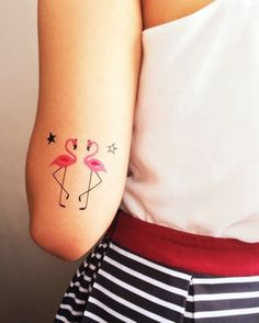 two pink flamingos with stars on their arms