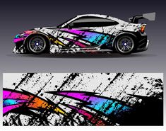 a colorful car wrapper is shown on the side of a white and black background