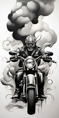 a black and white drawing of a man on a motorcycle with clouds in the background