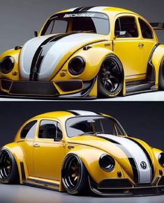 the volkswagen beetle is painted yellow and white