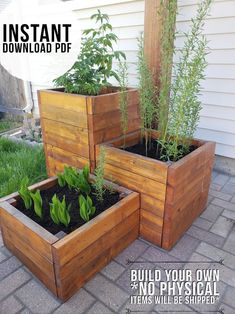 three wooden planters with plants growing in them