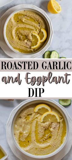 roasted garlic and eggplant dip in a bowl with sliced lemons on the side