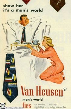 an advertisement for a man's tie with a woman sitting at a table in front of him