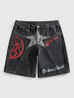 Men's Casual Star Pattern Denim Shorts, Summer Black    Denim Colorblock,Letter Wide Leg Non-Stretch  Men Clothing, size features are:Bust: ,Length: ,Sleeve Length: Good N, Stand Collar Top, Mens Jean Shorts, Baggy Shorts, Cargo Shorts Men, Jeans Casual, Shorts Summer, Summer Black, Star Pattern