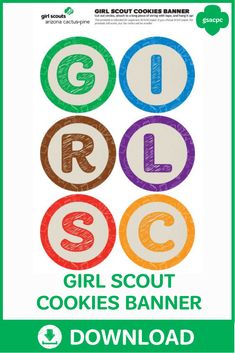 the girl scout cookie banner is shown in green and white with colorful circles around it