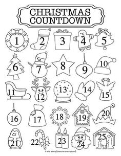 christmas count down worksheet with numbers and pictures to print out for the kids