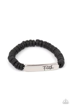 Distressed black wooden discs and a silver plate stamped in the phrase, "Faith," are threaded along a stretchy band around the wrist, creating an inspiring centerpiece. Sold as one individual bracelet. Trendy Fringe, Faith Bracelet, Inspirational Bracelets, Wood Bracelet, Black Bracelet, Black Bracelets, Paparazzi Accessories, White Rhinestone, Silver Bars