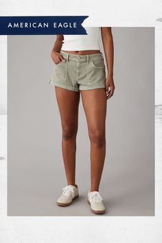 Soft, drapey woven fabric/Elastic waist/Patch pockets/Garment wash/Cuffed hem/These shorts are Real Good: Made with the planet in mind & a promise to continue to do better. Casual Relaxed Fit Jean Shorts With Rolled Hem, Casual Cotton Jean Shorts With Rolled Hem, Casual Relaxed Fit Shorts With Rolled Hem, Do Better, Woven Fabric, Women's Jeans, American Eagle Outfitters, American Eagle, Elastic Waist