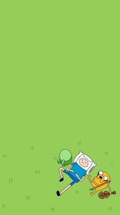 a cartoon character is laying on the ground next to a yellow cat and green background