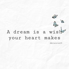 butterflies flying in the air with a quote above it that reads, a dream is a wish your heart makes