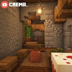 the interior of a minecraft house with lots of wood and stonework on the walls