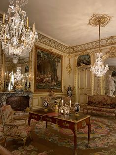 an ornate living room with chandeliers and paintings