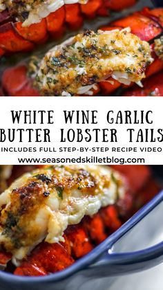 white wine garlic butter lobster tails in a blue casserole dish with text overlay