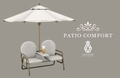 two chairs and an umbrella with the words patio comfort written below it in white on a gray background