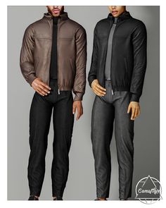 two mannequins dressed in black and brown leather clothes, one wearing a jacket