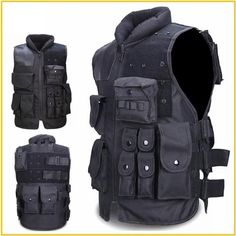 an image of a vest with multiple pockets on the front and back, all in black