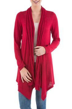 Peruvian artisan Nestor Yana presents this classy and comfortable cardigan sweater. Made from a soft blend of acrylic and alpaca wool the long-sleeved red sweater has an open front with an attractive sidetail hem. Red Cardigan Sweater, Basic Cardigan, Waterfall Cardigan, Denim Short Dresses, Classic Cardigan, Red Cardigan, Red Long Sleeve, Alpaca Wool, Wide Leg Denim