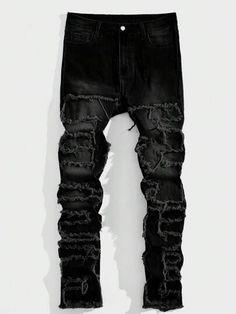 Manfinity LEGND Men's Black Denim Pants With Frayed Hem | SHEIN USA Boys Ripped Jeans, Emo Pants, Black Denim Pants, Clothes Brand, Drip Outfit Men, Black Jeans Men, Custom Jeans, Dope Outfits For Guys, Jeans For Men