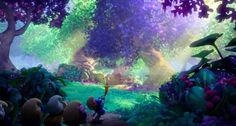 the smurfs are walking through an animated forest