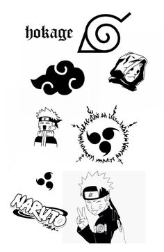 some black and white images with the words hokage written on them in different languages