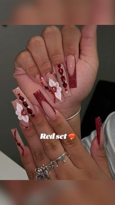 Nails Sweet 16, Inspo Nails 2022, Nails Inspo 2022, Nails Quince, Quinceañera Nails, Blinged Out Nails, Sweet 16 Nails, 16 Nails, Burgundy Acrylic Nails