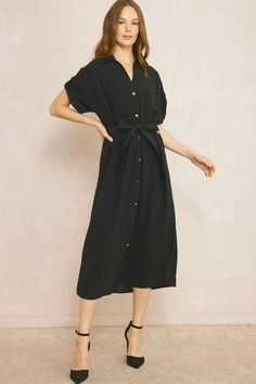 Solid button down short sleeve maxi dress featuring self-tie detail at waist. Belt loops. Unlined. Woven. Non-sheer. Lightweight. Fabric Content 100%POLYESTER Model 5'9" and wearing size Small. Measurements: Bust: small 40", medium 42", large 44" Length: small 49", medium 50", large 51" Collared Mini Dress, Short Sleeve Maxi Dress, Chic Vibes, Stay With Me, Button Down Short Sleeve, Short Sleeve Maxi Dresses, Killer Heels, Button Up Dress, Black Midi