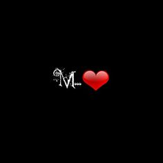 the word m is written in white and red on a black background with a heart